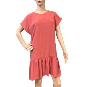 NINE WEST Pink Salmon Short Drop Waist T-Shirt Flounce Ruffled Lined Dress Sz L